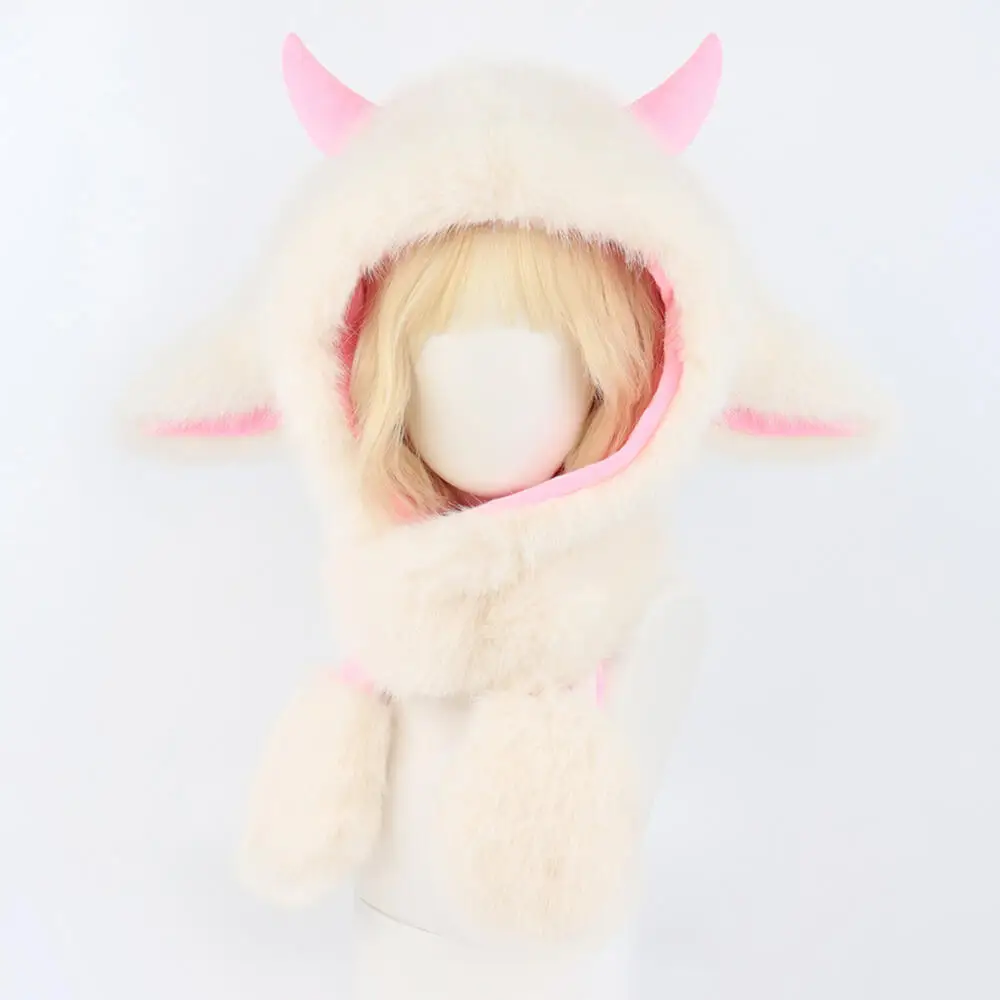 หมวกกันหนาวน่ารักสำหรับผู้หญิง ฤดูใบไม้ร่วง ฤดูหนาว หมวกแสดงพร้อมผ้าพันคอ ขนปุยหลากสี น่ารัก ลายเขาสัตว์ สำหรับเทศกาล