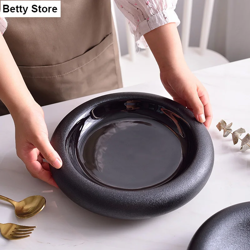 Japanese Style 9 Inches Dinner Set Plates and Dishes Matte Black Ceramic Dishes Round Deep Dish Pasta Plate Dishes Dessert Dish