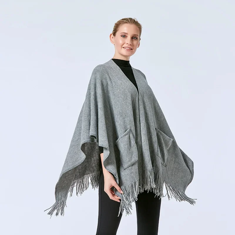 Spring Autumn Pocket Shawl Cloak Women Air conditioning Room European  American Office Pocket Shawl Warm Multi-purpose Gray