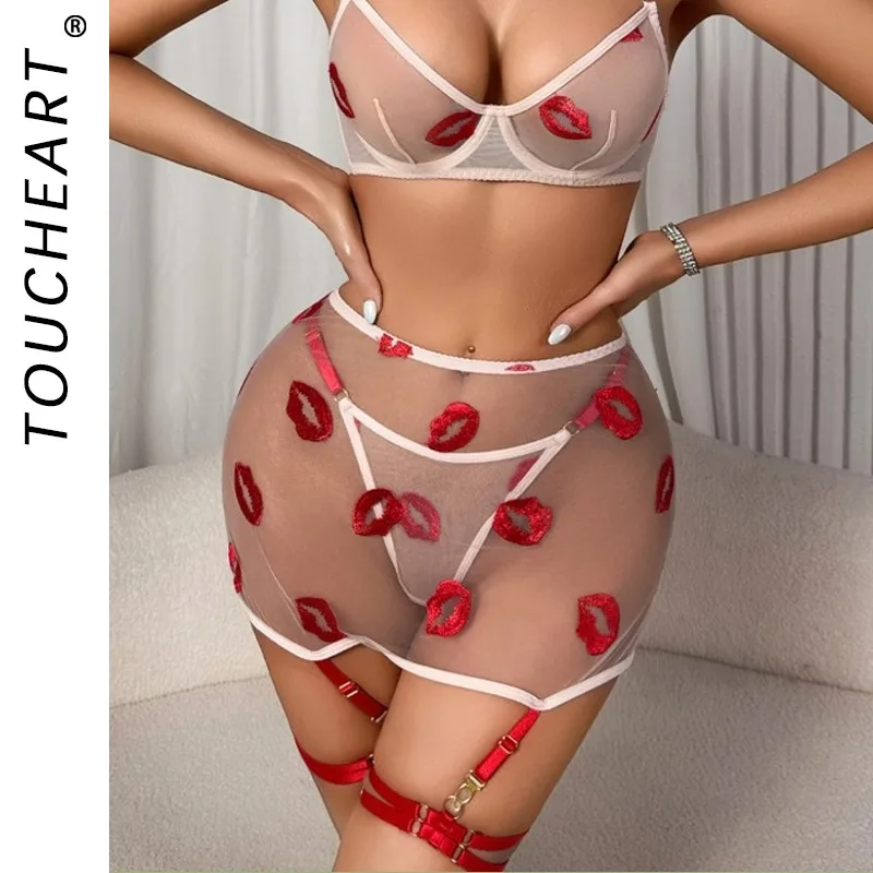 

Toucheart Sexy Underwear Split Set Thin Transparent Mesh Red Lip Embroidery Versatile Gartersslim Body Pure and Sexy Underwear