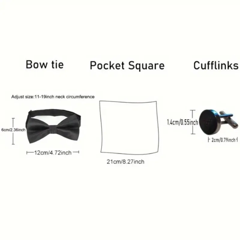 Men's Wedding Bow Tie Set with Cufflinks & Pocket Square - Groom Gift
