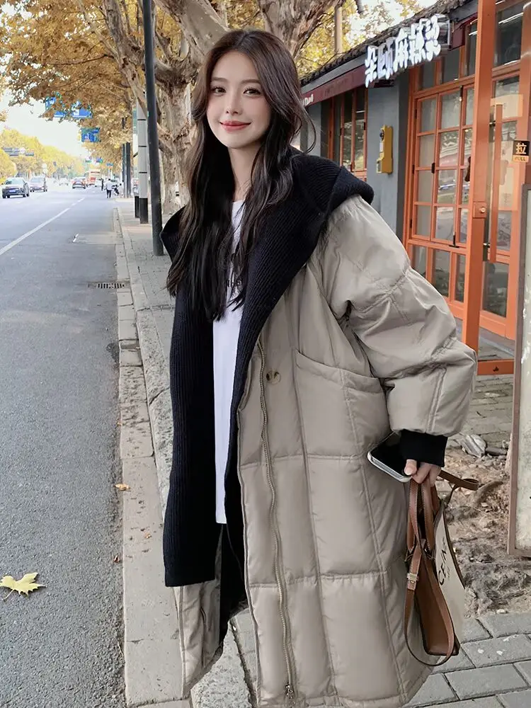 

Winter Long Hooded False Two Piece Parker Down Jacket Female Down Knee Length Jacket Women Patchwork Warm Thick Outwears Wh78