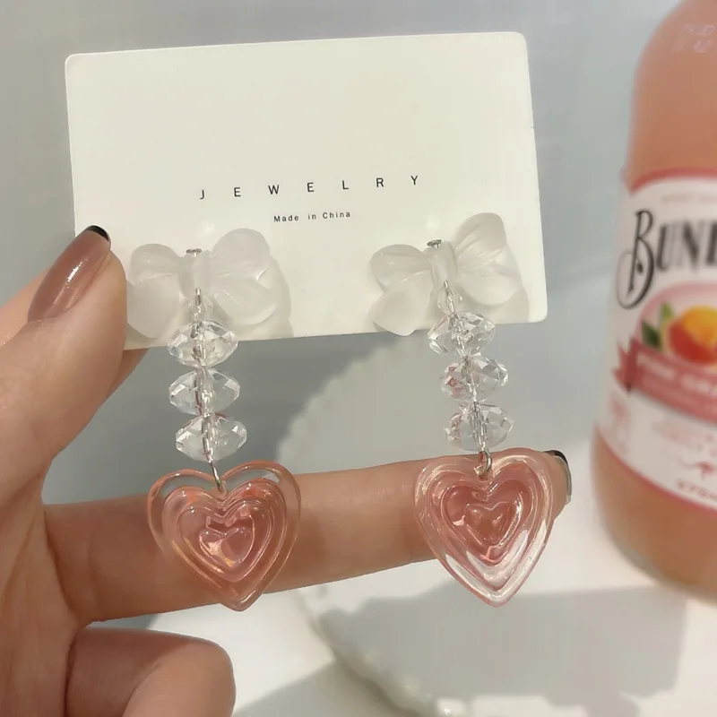 Japanese Transparent Cute Bow Crystal Chain Clip on Earrings Acrylic Pink Lovely Heart Pendant Clip Earrings Without Piercing