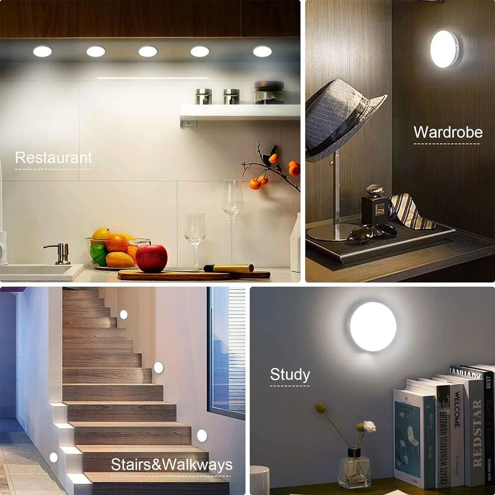 2~6 Pack Motion Sensor LED Night Light USB Rechargeable 3 Color Night Lamp Cabinet Wardrobe Lamp Staircase Wireless Closet Light