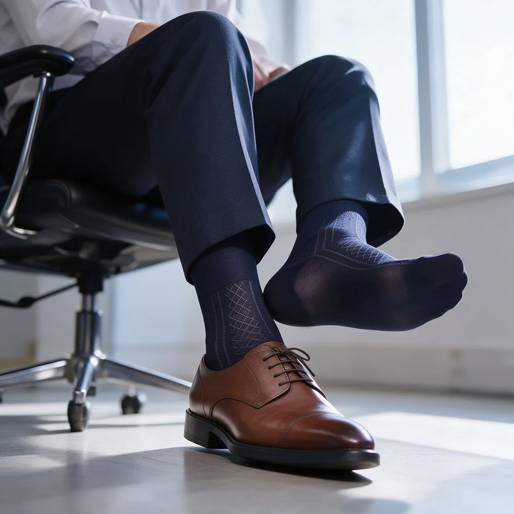 Men Dress Socks Thin Silk Breathable Diamond Argyle Business Formal Mid-Calf Suit Socks for Men