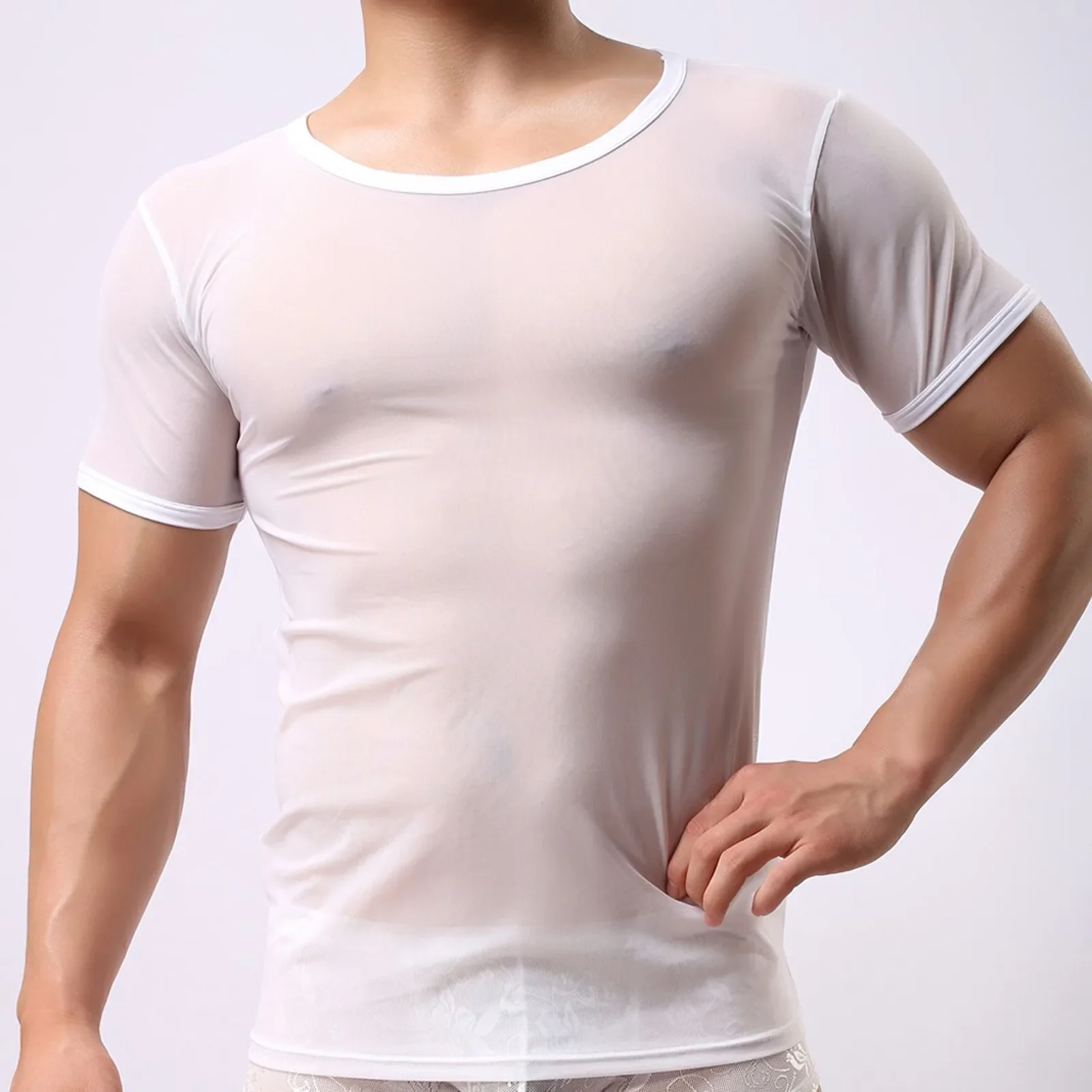 

Mens Sexy Transparent T-shirt Sheer See Through Mesh Long Sleeve T Shirt Tops Undershirt Fitness Tight Black/white Lounge Tees