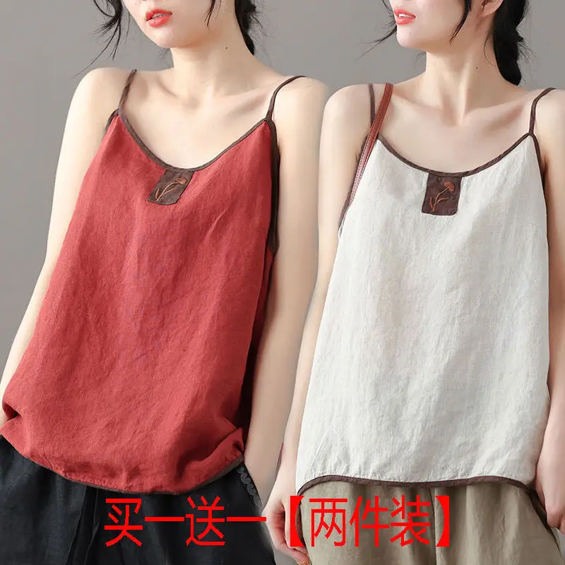 

2025 summer new chinese national style cotton and linen top women summer embroidered sleeveless loose retro style base vest top