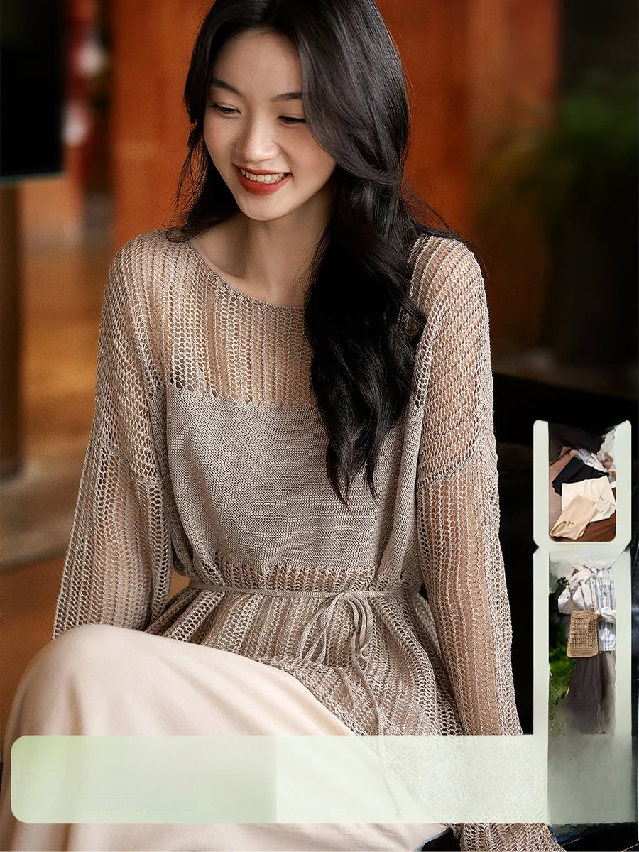

XiaoHanGe Linen Knitted Wrap Shirt Waist Cinched Belted Hollow out Design Simple Elegant Casual Long Sleeve Women's Top