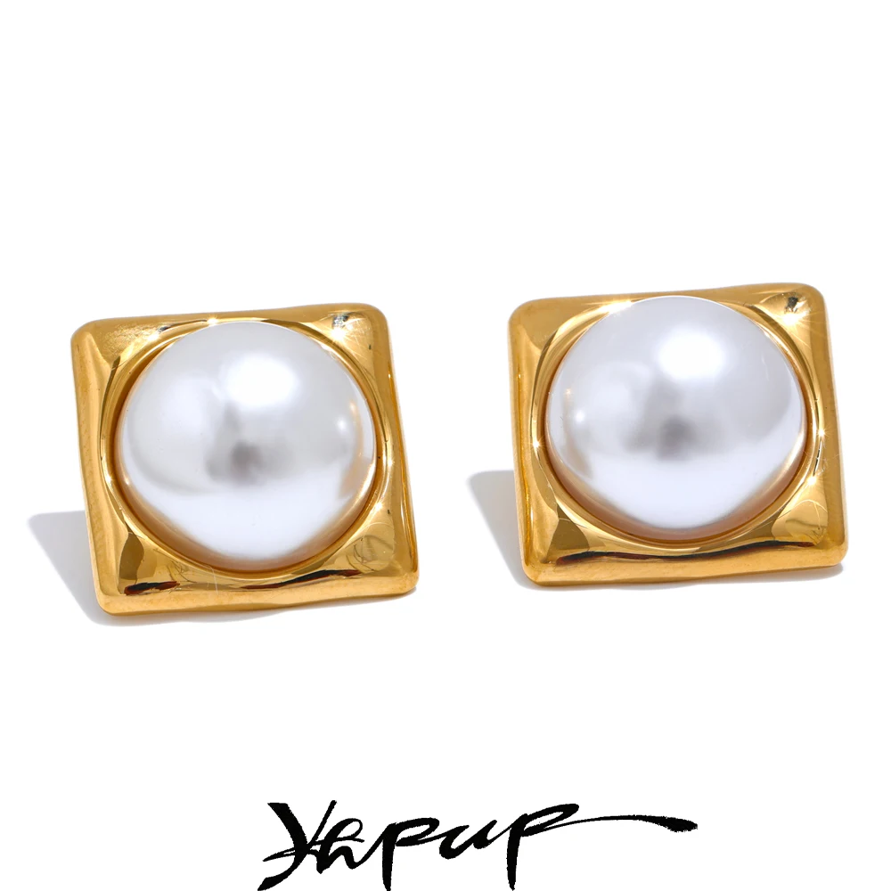 Yhpup 9g/pair Elegant Simulated Pearls Square Golden Stud Earrings for Women 316L Stainless Steel Fashion Classic Jewelry Gift