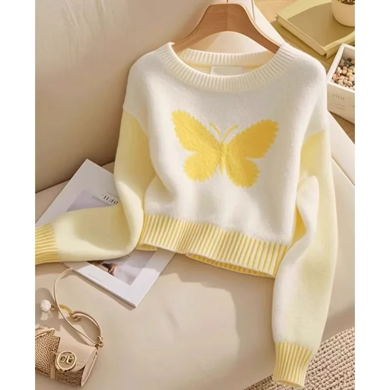 

2024 New Yellow Butterfly Patchwork Round Neck Knitted Sweater Women Streetwear Autumn Winter Vintage Long Sleeve Pullover Tops
