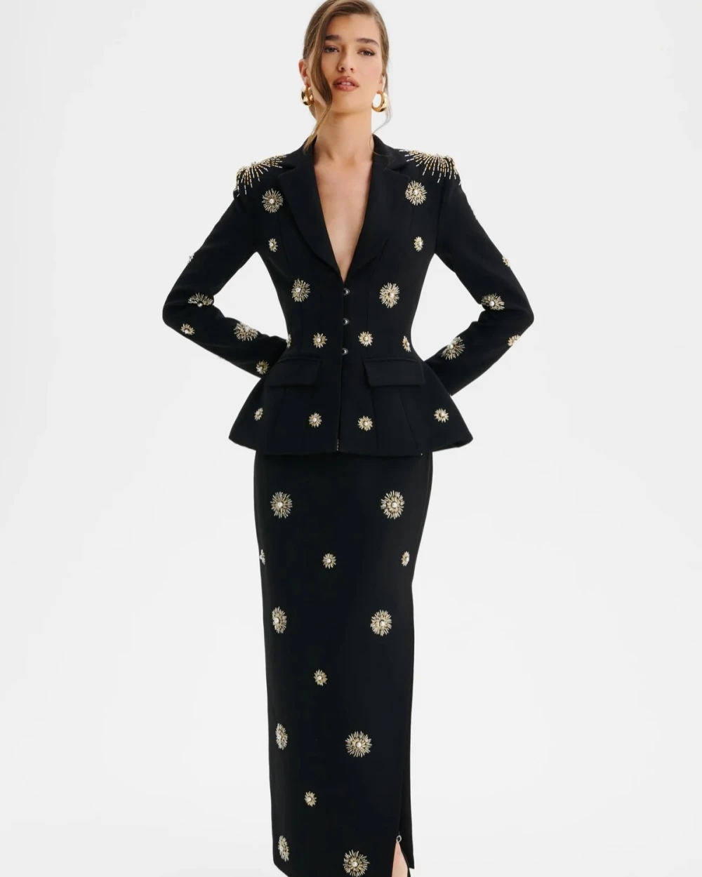 

Customized Modern Style Women Jersey Pearl Rhinestone Sheath Elegant Retro V-neck Long Sleeves Ankle Length Dresses Prom Dresses