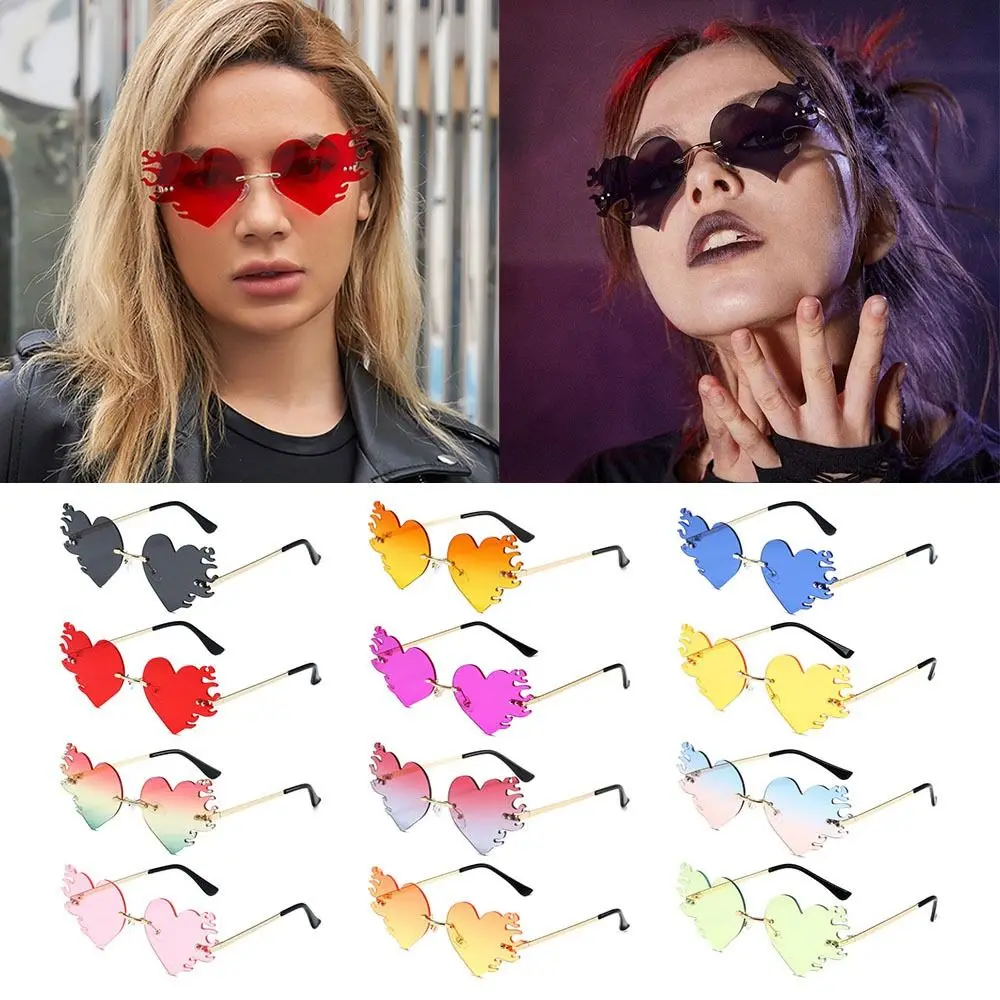 Rimless Fire Heart Shaped Sunglasses UV400 Protection Costume Accessories Flame Love Sun Glasses Halloween Glasses