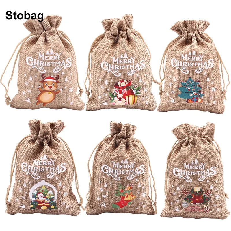 StoBag 50pcs Wholesale Merry Christmas Linen Bags Drawstring Small Candy Gift Storage Packaging Kids Child Pocket Pouches Party