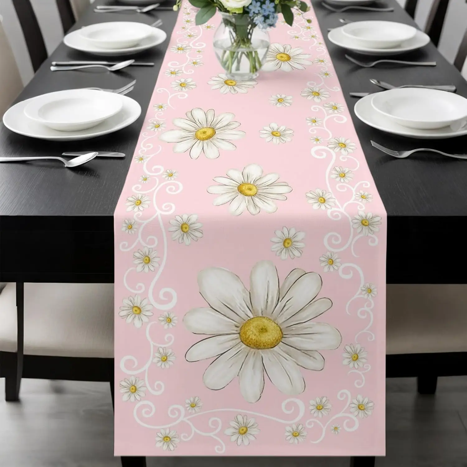 Pastoral Blossom Daisy Flowers Pink Linen Table Runner Wedding Decor Washable Floral Plant Print Table Runners for Holiday Party