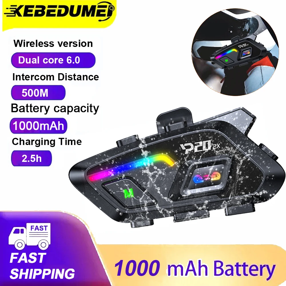 

1/2Pcs P20 2X Motorcycle Helmet Intercom Bluetooth Headset Long Standby 1000mAh MP3 Player Waterproof Hands-free Interphone