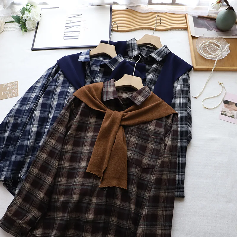 Faionable gola de furador de malha xadrez Floing Long Sve irt feminino outono inverno novo Sle versátil comprimento médio irt...