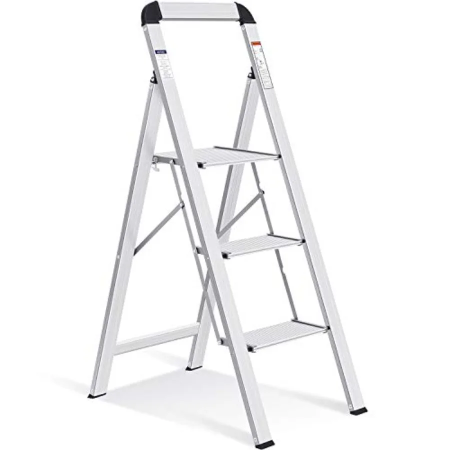 

Aluminium 3 Step Ladder Lightweight Step Stool with Non-Slip Pedals Handrail 330 LBS Foldable Step Ladder for Kitchen Garage Ho
