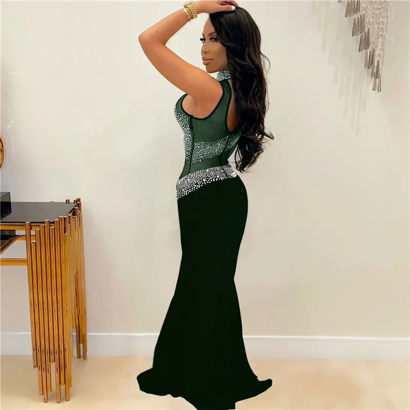Sexy Crystal Rhinestone Bodycon Maxi Dress Women Wedding Evening One Sleeve Mesh See Through Patchwork Night Party Club Dresses