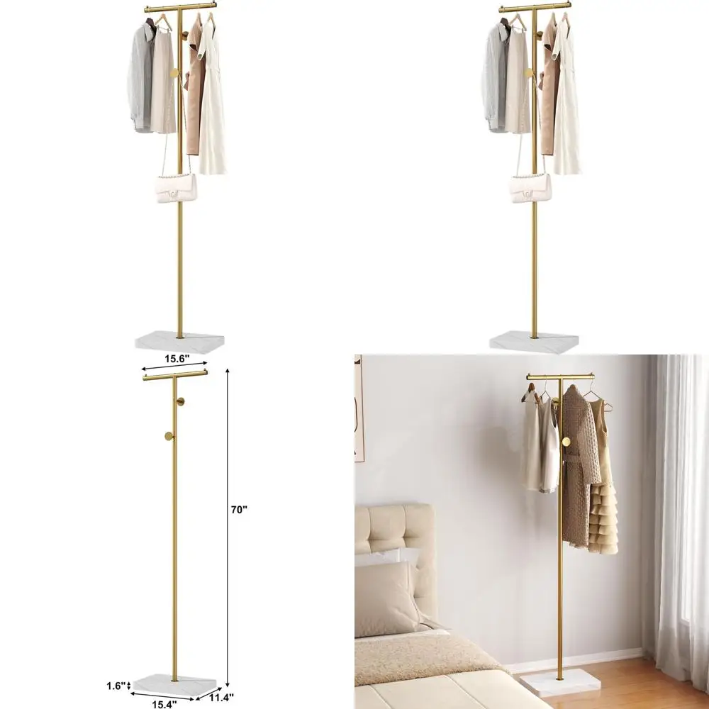 

Gold T-Shaped Metal Coat Rack with 2 Hooks for Home Storage in Entryway, Bedroom, and Living Room