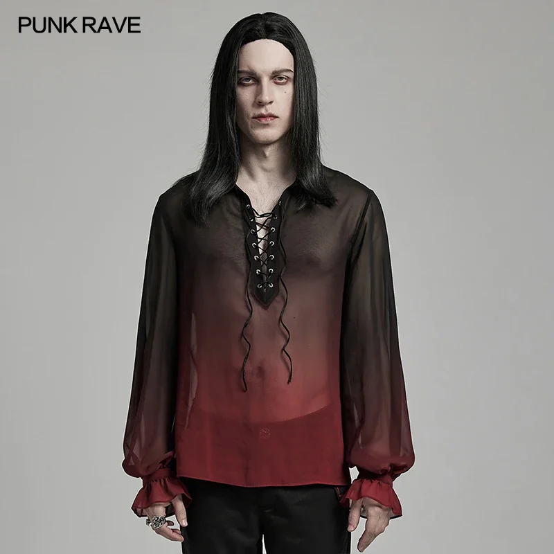 PUNK RAVE Men\'s Gothic Pattern Light Perspective Chiffon Gradient Shirt Classic Loose Gentleman Lantern Sleeves Tops