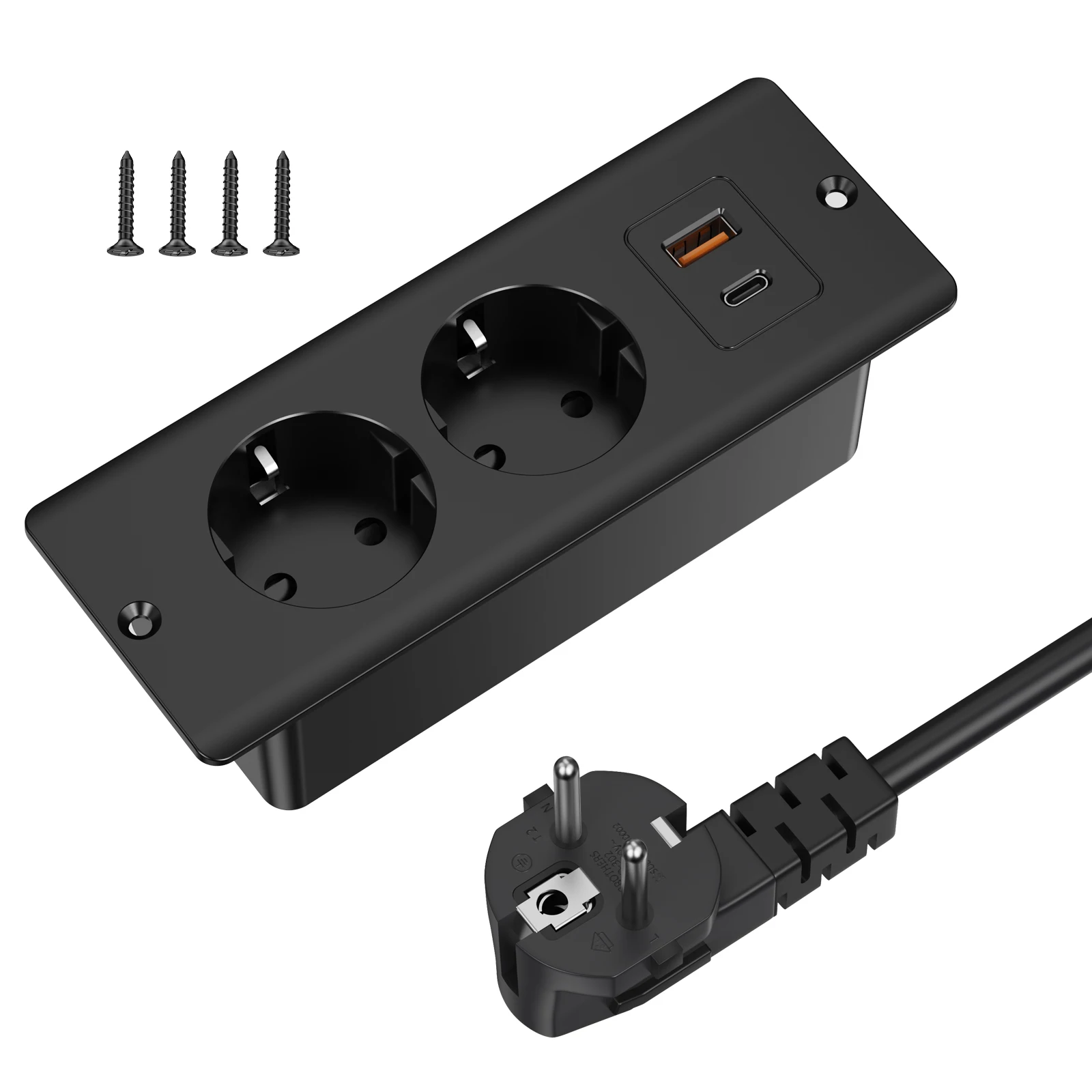 HITRENDS EU desktop built-in power strip 110~250V 2 AC power sockets 1 USB 1 Type-C desk power socket with 2m cable extension