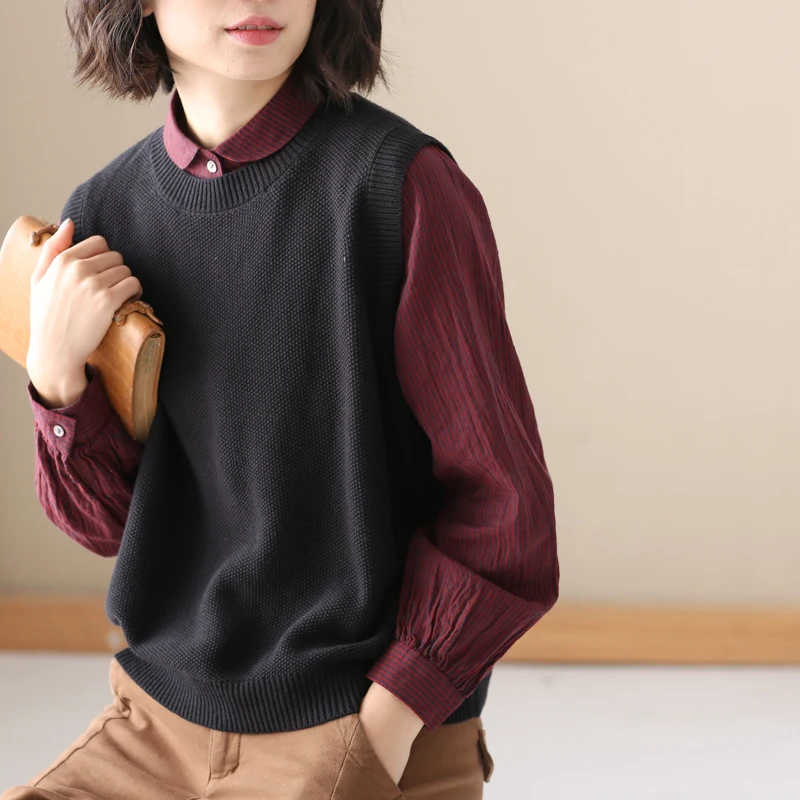 

Женский вязаный жилет круглый Ne пуловер внутренняя одежда ретро простой художественный модный осенне-зимний новый цвет Sle для поездок на работу