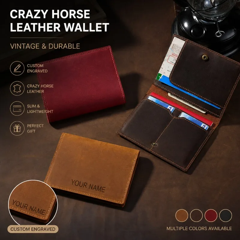 Custom Engraved Logo Crazy Horse Cowhide Card Clip Multifunctional Travel Passport Document Protection Card Holder Wallet
