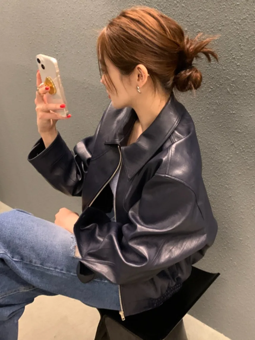 Chic autunno inverno colletto retrò lungo Sve PU pelle Jaet ort cappotto casual versatile donna Faion taglia piccola amichevole