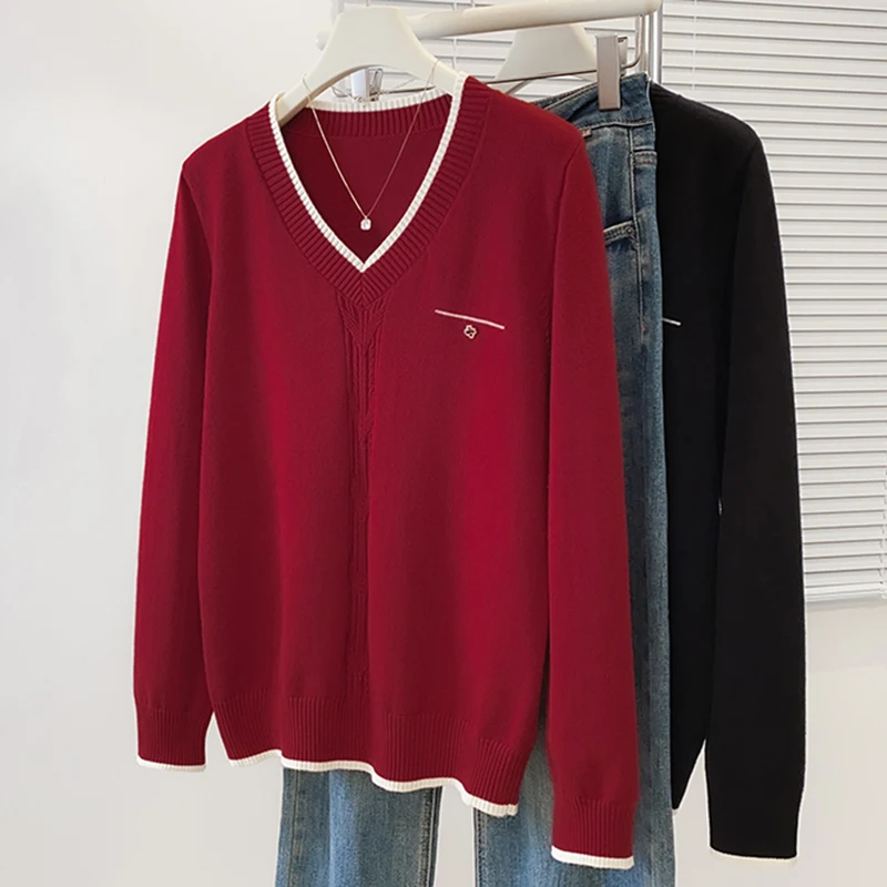 Camisola de malha de grandes dimensões pulôver feminino 2026 primavera manga longa com decote em v malhas topos elegante vintage chique senhoras jumpers