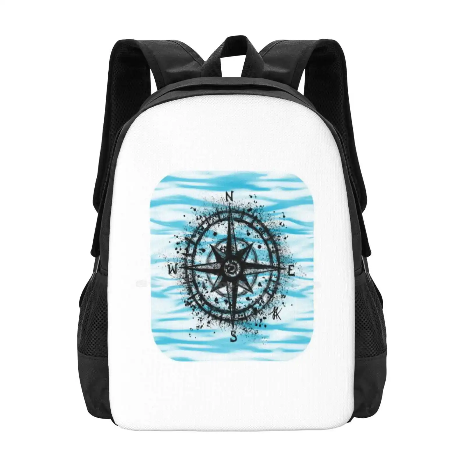 Compass Hg White Hot Sale Schoolbag Backpack Fashion Bags Compass Directions Waves Cardinal Points Blue North East South West