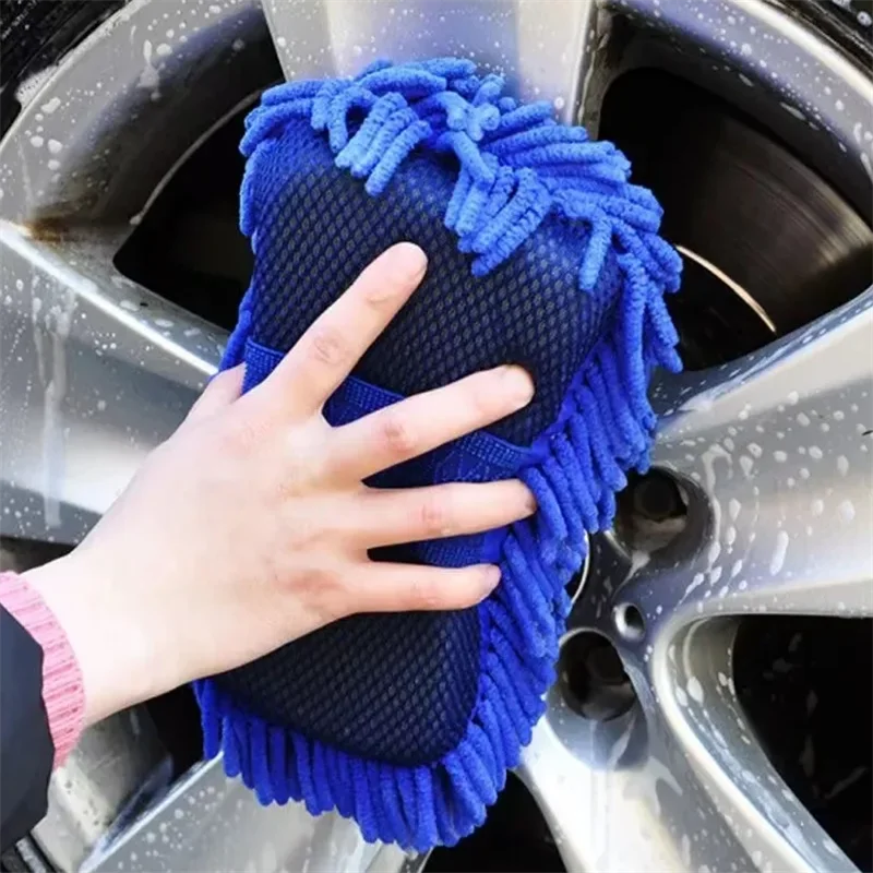 1 Pc Blue Microfiber Chenille Car Wash Sponge Care Washing Brush Pad Cleaning Tool Auto Washing Towel Gloves Styling Accessories