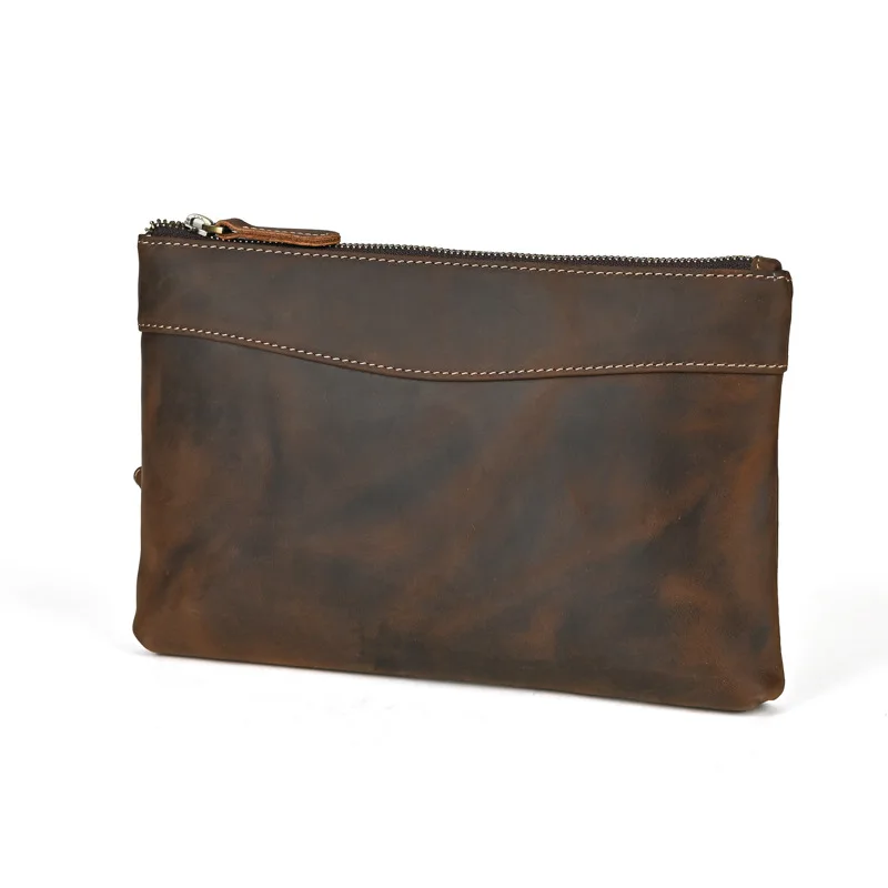 LD-Men's Crazy Horse Leather Handbag, Genuine Leather Large Capacity Long Wallet, Retro Leather Grab Bag