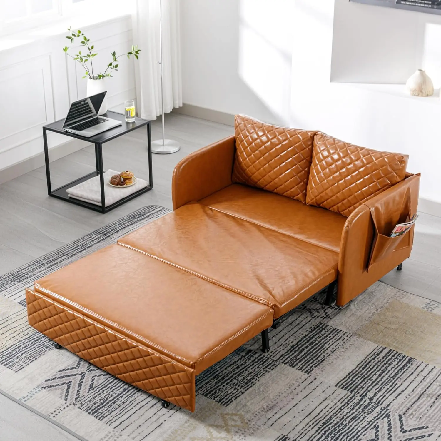 Pull Out Couch, 3-in-1 Convertible Sofa Bed PU Leather  Modern Couch Sleeper  Futon Sofa with Storage Box,