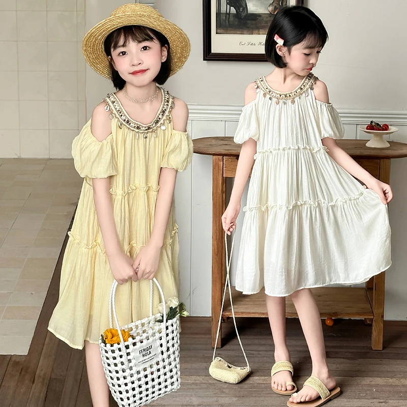 Girls Dress Summer 2026 Off Shoulder Bohemian Style Puff Sleeve Dress Children Clothes 110-170cm 17.5-55kg 4-15 Years Old