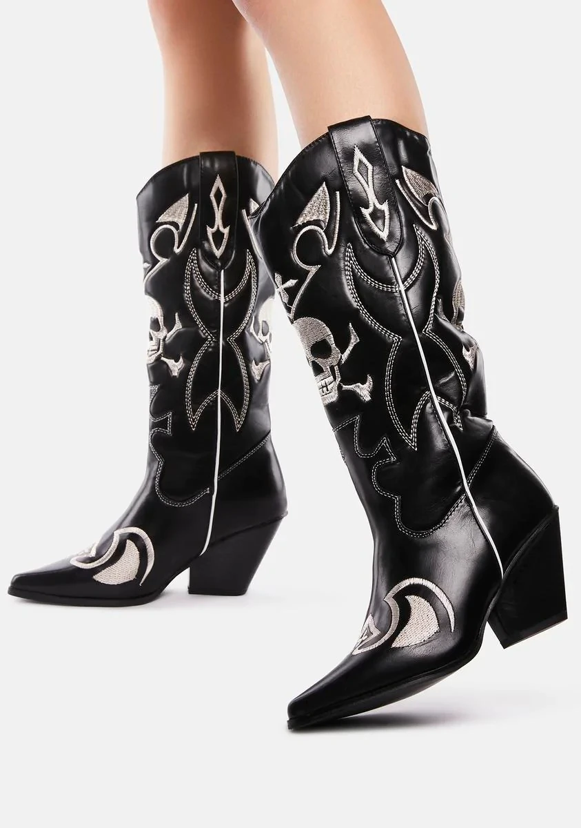 Western Cowboy Boots For Women 2025 Vintage Shoes Cowgirls Retro Street Dress Boots Pointed Toe Knee High Boots 44