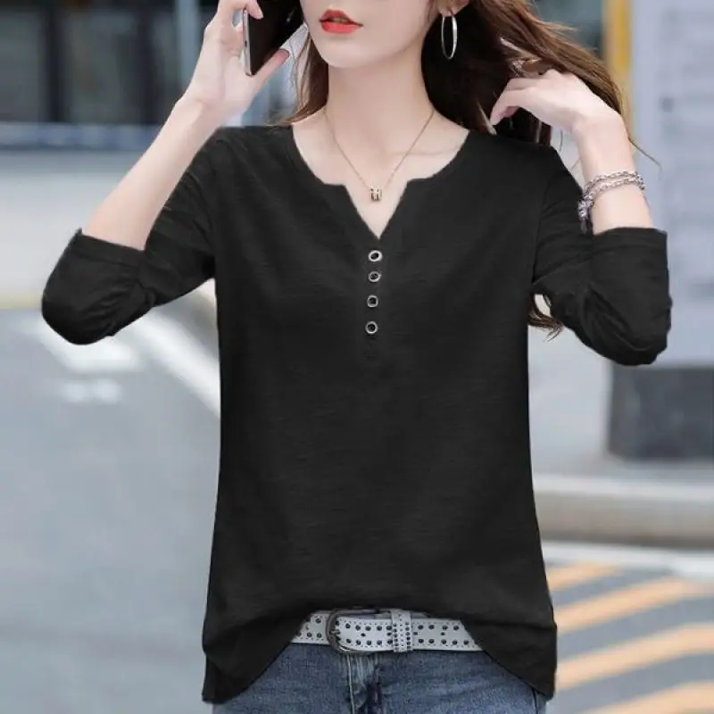 Female Clothing Spring and Autumn New Loose V-neck Button Tee Shirt Long Sleeve T-shirt Women\'s Large Pullover Casual Tops