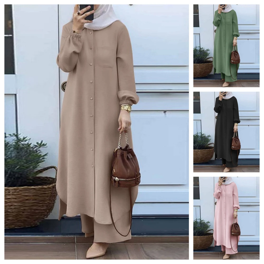 Pink Green Black Muslim Groups Women's Suit Shirts And Pants Blouse Chic Casual Plus Size Clothes 2 Piece Set Long Sleeve Dress