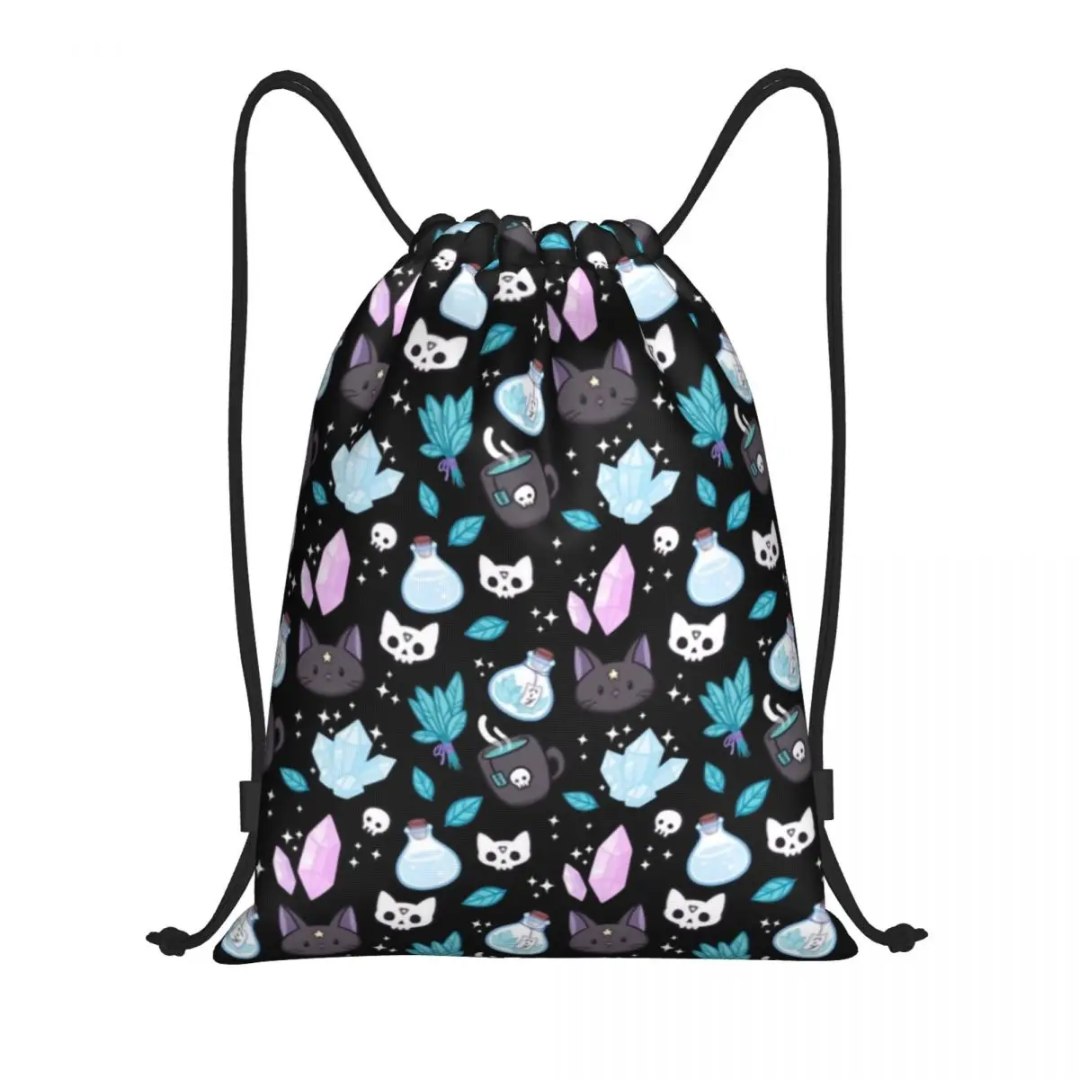 

Custom Gothic Halloween Witch Cat Skull Drawstring Bag Men Women Foldable Gym Sports Sackpack Shopping Backpacks