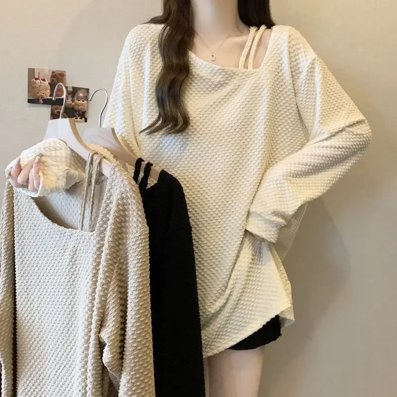 

Women's Spring Autumn Style Exposing Clavicle Asymmetrical Loose Slimming Mid-Length Top Plus Size Long Sleeve T-Shirt