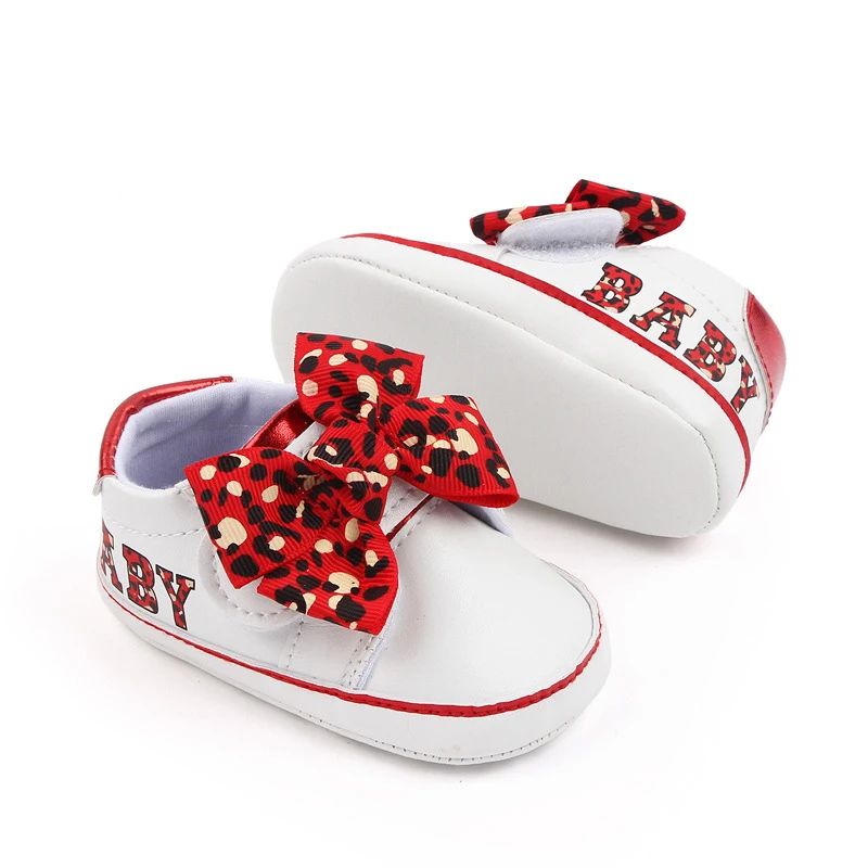 Baby Girl Sneaker Non-slip Bow Letters Leopard Print Flats First Walking Shoes for Casual Daily