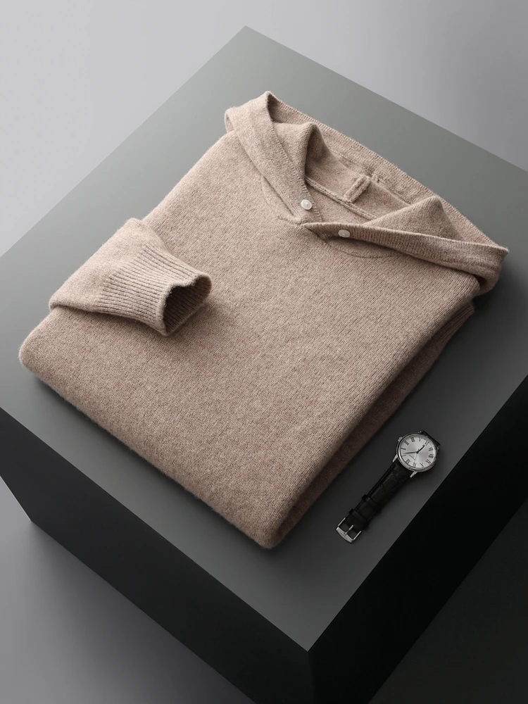 TLOML New Men's 100% Merino Wool Knitwear Hooded Pullover Autumn Winter Soft Warm Thick Cashmere Sweater Casual Loose Style Tops