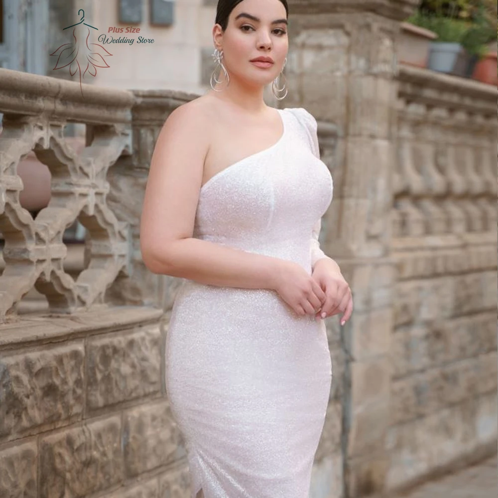 Glitter One Shoulder Wedding Dresses Plus Size Long Sleeves Sheath Bride Gowns Side Slit Ankle Length Mermaid Robe De Mariée
