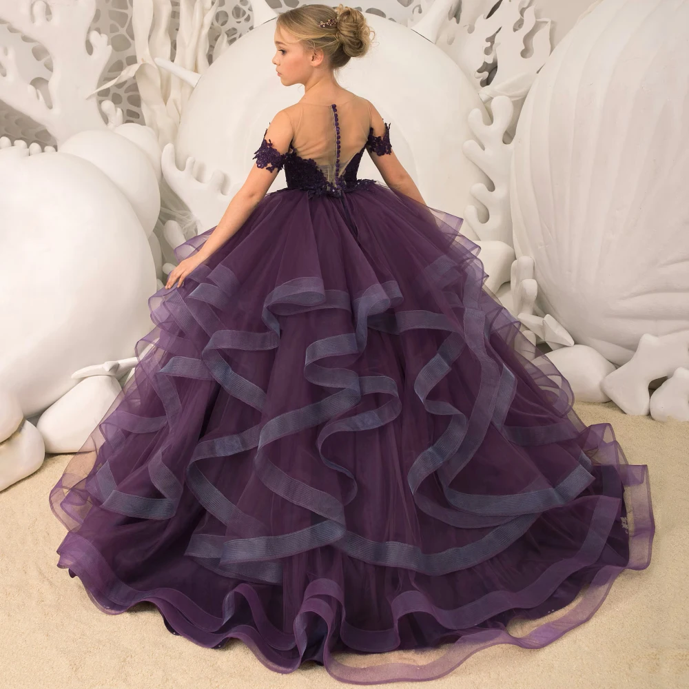 Customized Flower Girl Dresses Grape Purple Floral Appliques Tiered With Trailing For Wedding Birthday Party Banquet Gown image 2
