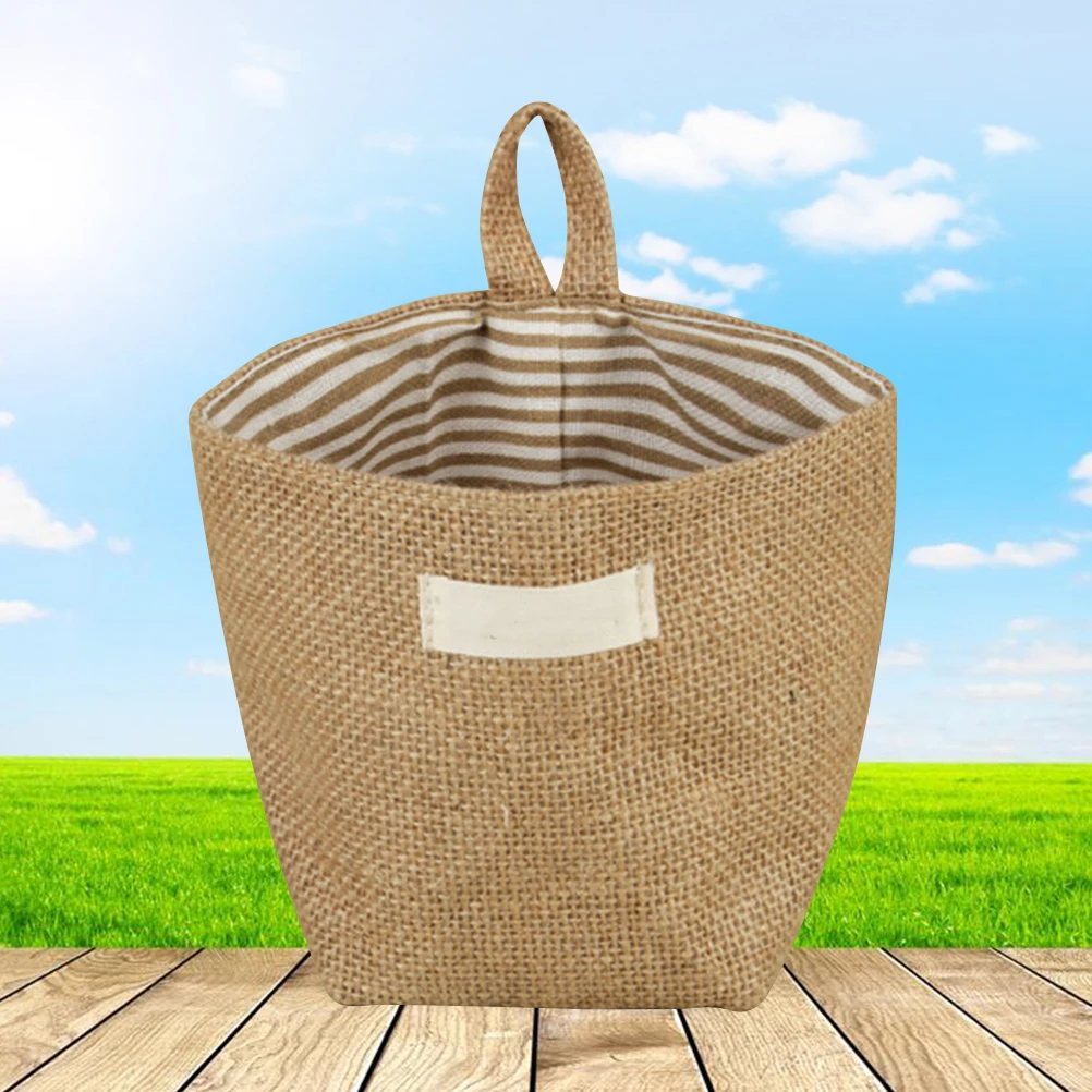 

Hanging Jute Bag -Friendly Burlap Sack For Cosmetics Underwear Hanging Organizer Basket Yellow Striped Cotton Fabric