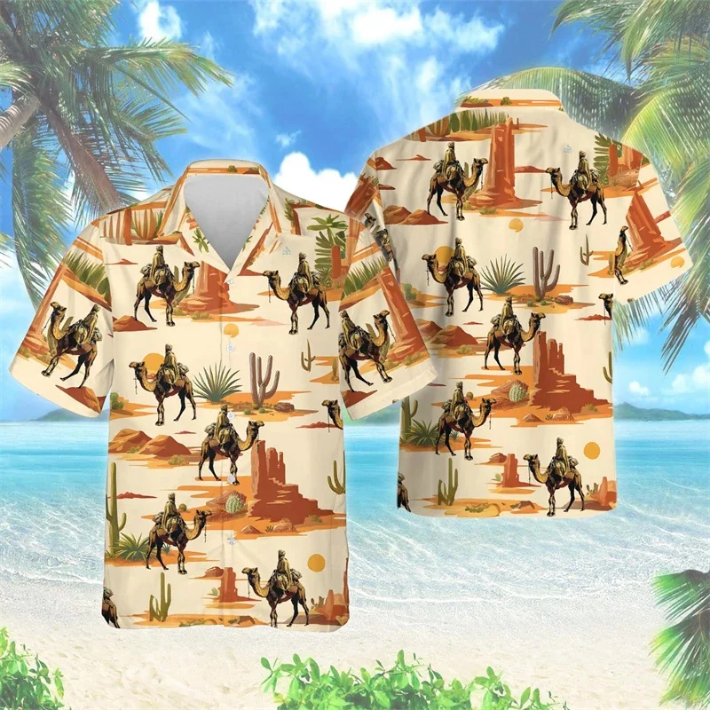 Desert Camels kemeja Hawaii motif hewan 3D, kemeja pantai kasual lengan pendek dengan kerah blus longgar motif hewan untuk pria