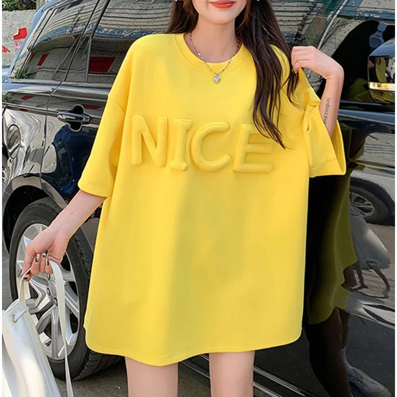 2023 Summer Fashion Trend Simple Round Neck Three-dimensional Letter Loose Casual Solid Color Versatile Oversize Large T-shirt