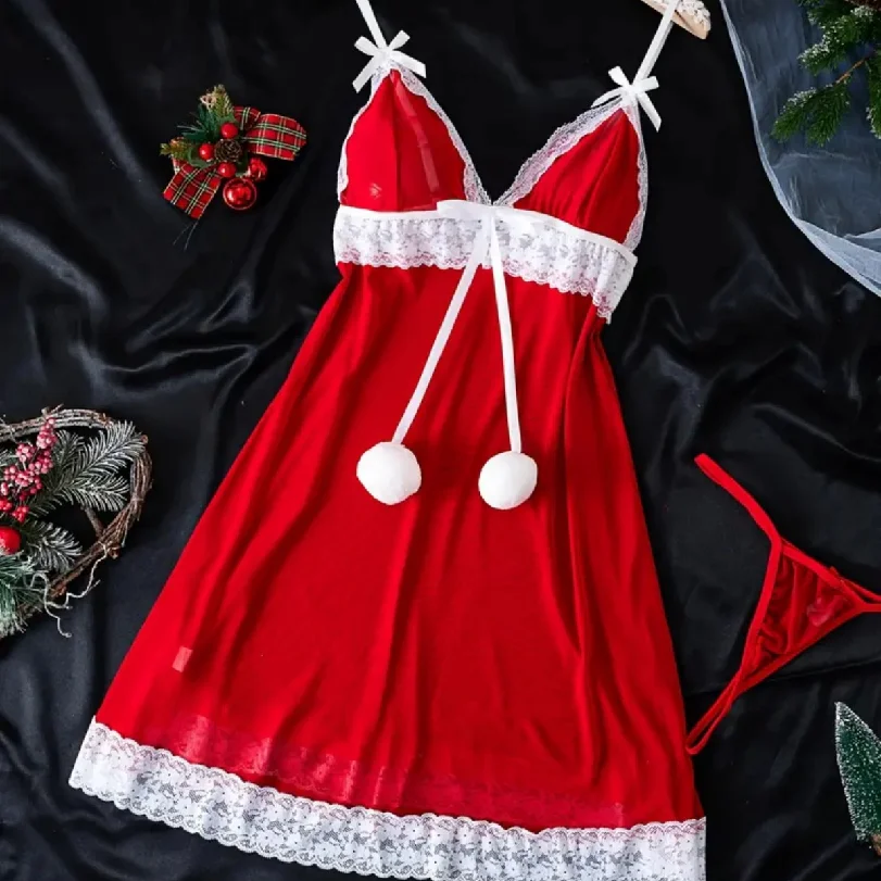 

Christmas Sexy Chemise Dress Strap Nightgown Adult Costume Underwear Women's Lingerie Holiday Fun Outfit