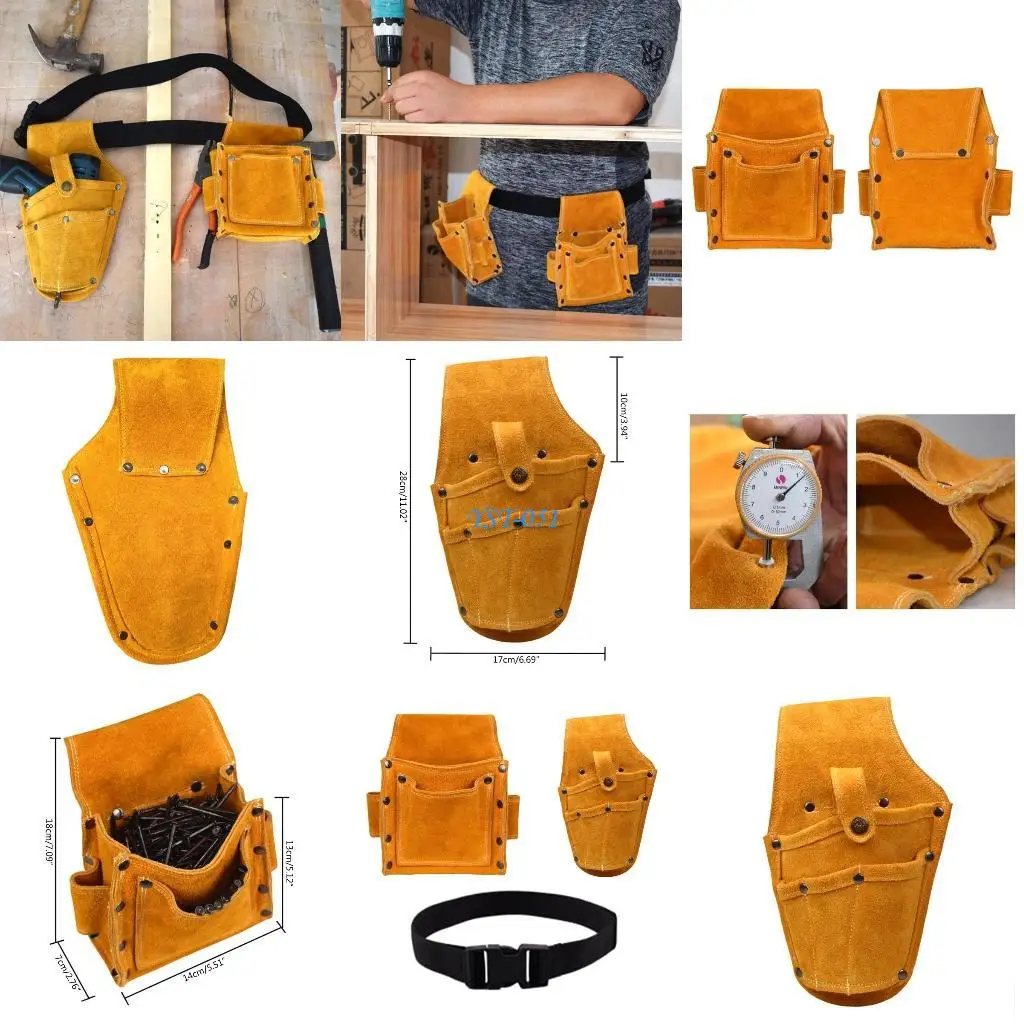 

E15A 2 Pieces Durable Leather Hardware Bags Set with Belt for Electric Drill Wrench / Scissors Tool Organizers