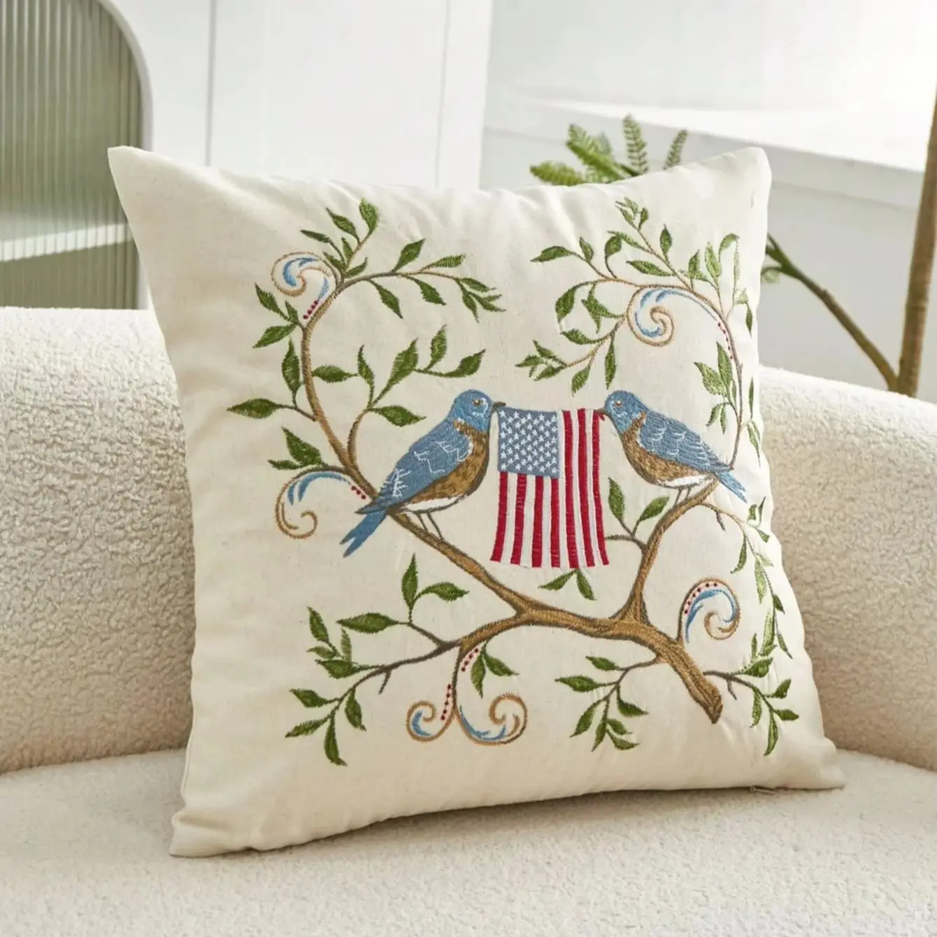 1pc non-Embroidery Birds American Flag Throw Pillow Cover 2D Double-Side Print Polyester for Sofa Patriotic Decor 4th of July