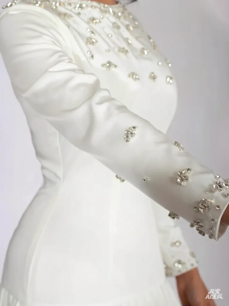 Customized Ivory Elegant Sweet Crystal Prom Dresses For Special Occasion Long Sleeves Round Neck Pleated Wedding Evening Dress view 2